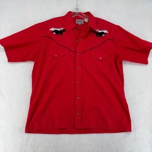 Ely Diamond Mens Red Western Shirt Embroidered Horses Pearl Snap Short Sleeve L